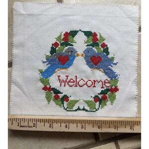 Vintage Hand Cross Stitched "Welcome" w/ Blue Birds and Hearts Complete
